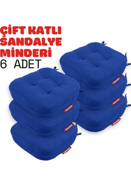 6'lı Çift Kat Sandalye Minderi Fermuarlı Yıkanabilir Kılıf Bağcıklı Su ve Yağ Itici 42 x 42 x 8 Mavi
