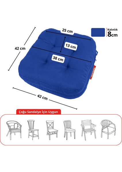 6'lı Çift Kat Sandalye Minderi Fermuarlı Yıkanabilir Kılıf Bağcıklı Su ve Yağ Itici 42 x 42 x 8 Mavi
