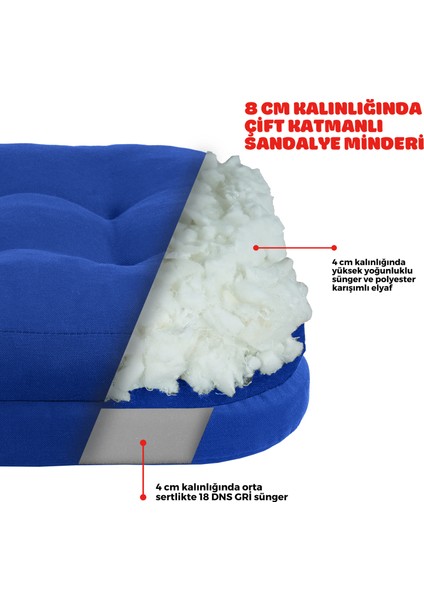 6'lı Çift Kat Sandalye Minderi Fermuarlı Yıkanabilir Kılıf Bağcıklı Su ve Yağ Itici 42 x 42 x 8 Mavi