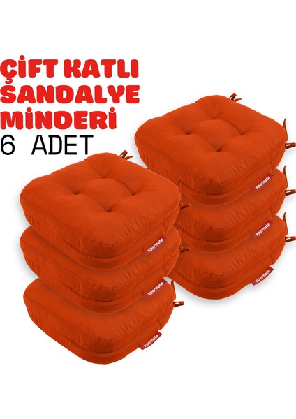6'lı Çift Kat Sandalye Minderi Fermuarlı Yıkanabilir Kılıf Bağcıklı Su ve Yağ Itici 42 x 42 x 8 Kiremit