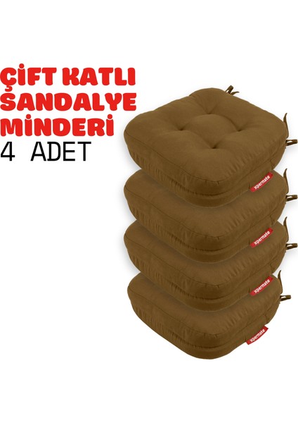 4'lü Çift Kat Sandalye Minderi Fermuarlı Yıkanabilir Kılıf Bağcıklı Su ve Yağ Itici 42 x 42 x 8 Kahverengi