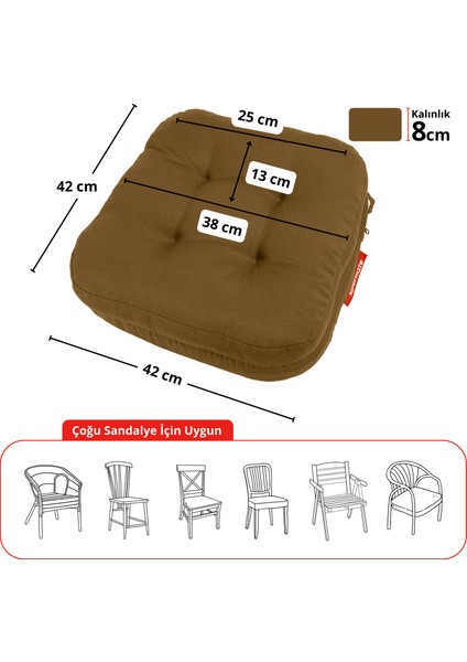 4'lü Çift Kat Sandalye Minderi Fermuarlı Yıkanabilir Kılıf Bağcıklı Su ve Yağ Itici 42 x 42 x 8 Kahverengi