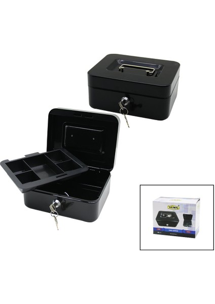 Anahtarlı Küçük Metal Para -Değerli Eşya Kutusu 2kat=tek+6 Bölme Taşıma Kulp - 15.2 x 11.8 x 8 cm