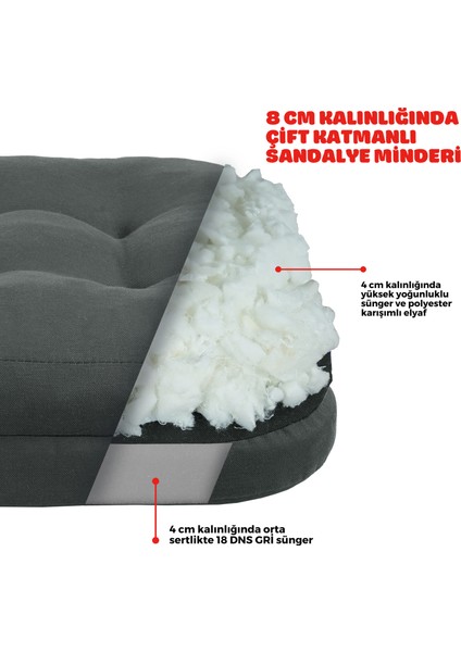 4'lü Çift Kat Sandalye Minderi Fermuarlı Yıkanabilir Kılıf Bağcıklı Su ve Yağ Itici 42 x 42 x 8 Antrasit
