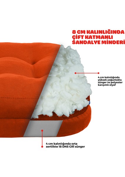 4'lü Çift Kat Sandalye Minderi Fermuarlı Yıkanabilir Kılıf Bağcıklı Su ve Yağ Itici 42 x 42 x 8 Kiremit