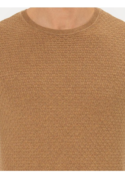 Erkek Camel Melanj Slim Fit Bisiklet Yaka Triko Kazak 50265443-VR122