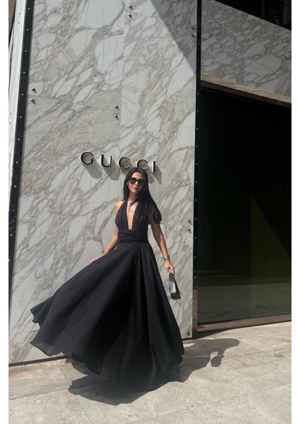 Siyah Puglia Tasarım Sırt Detaylı Keten Elbise