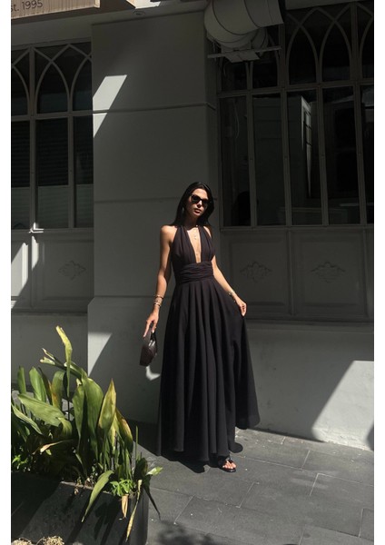 Siyah Puglia Tasarım Sırt Detaylı Keten Elbise fırsatları