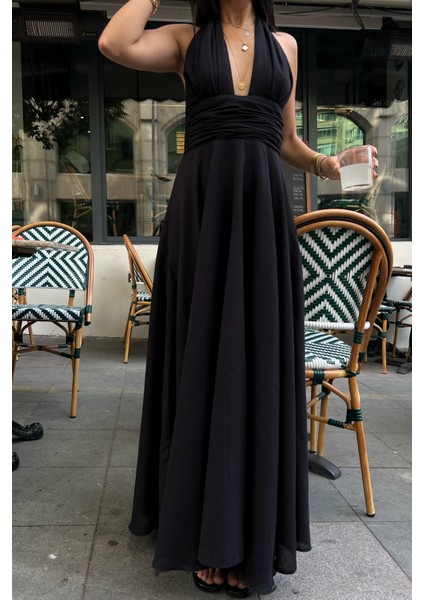 Siyah Puglia Tasarım Sırt Detaylı Keten Elbise indirimleri