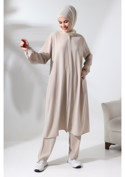 Kadın Hac ve Umre Kıyafeti Tesettür Ikili Takım Krem modelleri