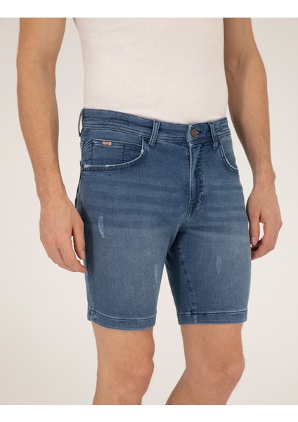 Erkek Koyu Mavi Slim Fit Jean Şort 50267835-VR032