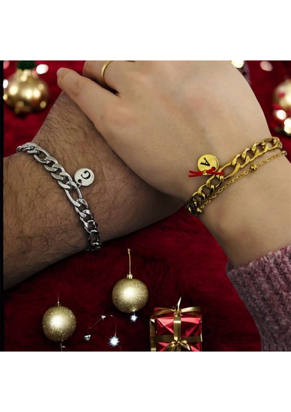 Çelik Bileklik 2 Li Kurdele Harf Detaylı Kararmaz