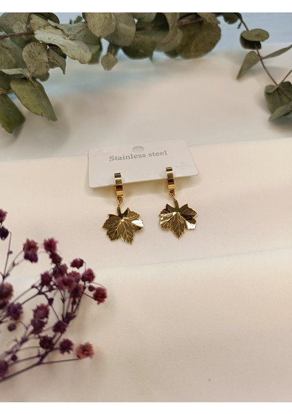 Kadın Gold Renk Yaprak Model 316 L Çelik Küpe
