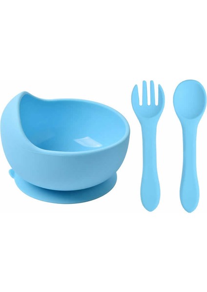 Silikon Beslenme Seti / Kapaklı Vakumlu Silikon Mama Tabağı, Kase, Çatal, Kaşık, Pipet, Önlük, Bardak, Paslanmaz Çelik Çatal, Kaşık ve Saklama Kutusu / Mavi indirimleri