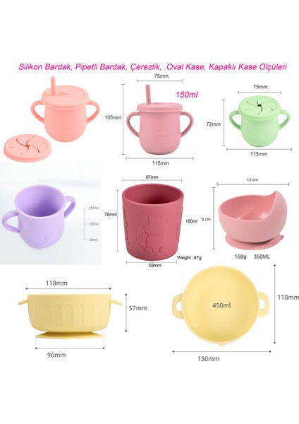 Silikon Beslenme Seti Vakumlu Mama Tabağı Ve Kasesi, Önlük, Çatal-kaşık, Pipetli Bardak/Pembe