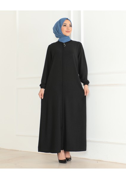 Sade Günlük Tam Boy Gizli Patlı Siyah Ferace