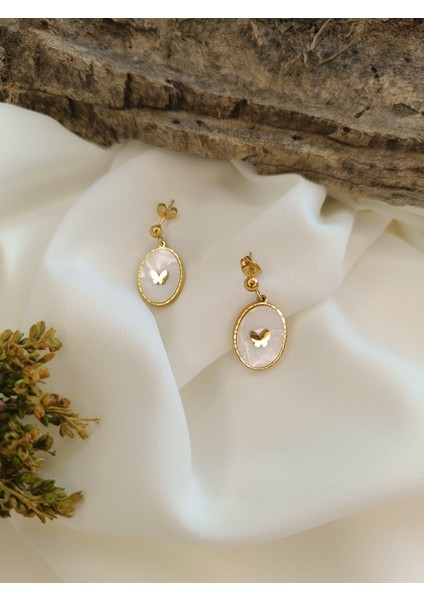 Kadın Gold Renk Beyaz Sedefli Mineli Kelebek Model 316 L Çelik Küpe