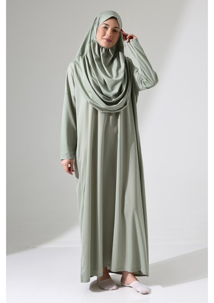 Başörtülü Tek Parça Namaz Elbisesi - Mint Yeşili - 5015