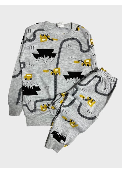 Erkek Çocuk Pamuklu Gri Araba Iş Makinesi Desenli Uzun Kollu Mevsimlik Pijama Takımı