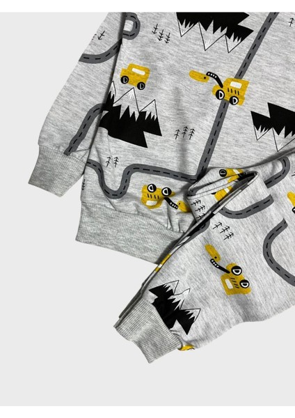 Erkek Çocuk Pamuklu Gri Araba Iş Makinesi Desenli Uzun Kollu Mevsimlik Pijama Takımı