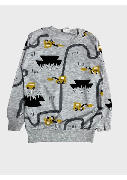 Erkek Çocuk Pamuklu Gri Araba Iş Makinesi Desenli Uzun Kollu Mevsimlik Pijama Takımı