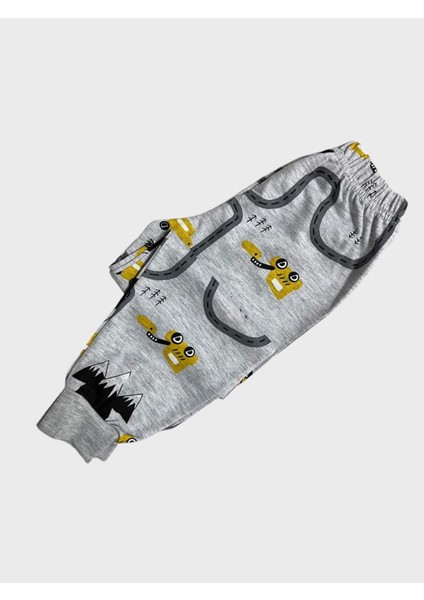 Erkek Çocuk Pamuklu Gri Araba Iş Makinesi Desenli Uzun Kollu Mevsimlik Pijama Takımı