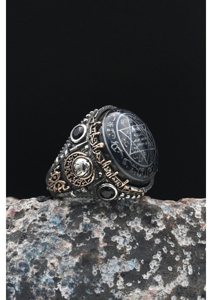 Özel Tasarım 925 Ayar Gümüş Erkek Yüzüğü Sıkma Kehribar Taşlı Hz. Süleyman Mührü ve Bismillah Yazlı 901450 fiyatları