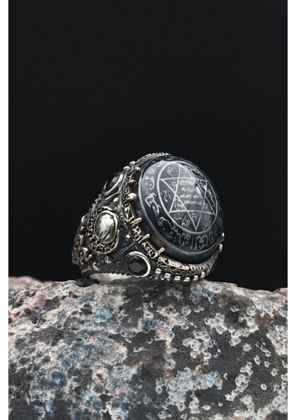 Özel Tasarım 925 Ayar Gümüş Erkek Yüzüğü Sıkma Kehribar Taşlı Hz. Süleyman Mührü ve Bismillah Yazlı 901450 modelleri