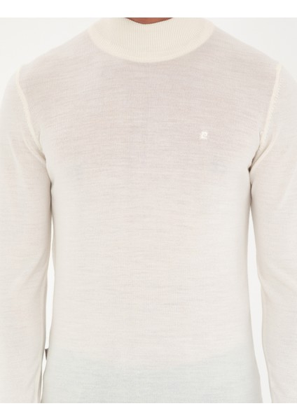 Erkek Ekru Slim Fit Yarım Balıkçı Yaka Yün Karışımlı Basic Triko Kazak 50270055-VR019