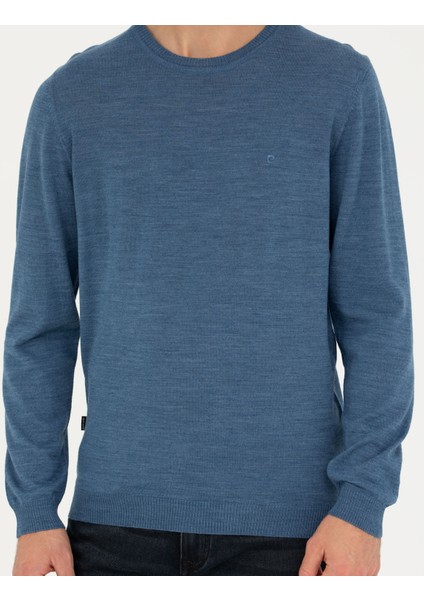 Erkek Mavi Slim Fit Bisiklet Yaka Yün Karışımlı Basic Triko Kazak 50270054-VR036