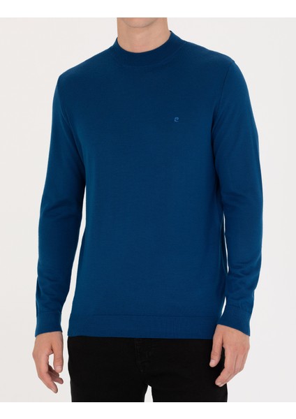 Erkek İndigo Regular Fit Çeyrek Yaka Yün Karışımlı Basic Triko Kazak 50270049-VR106