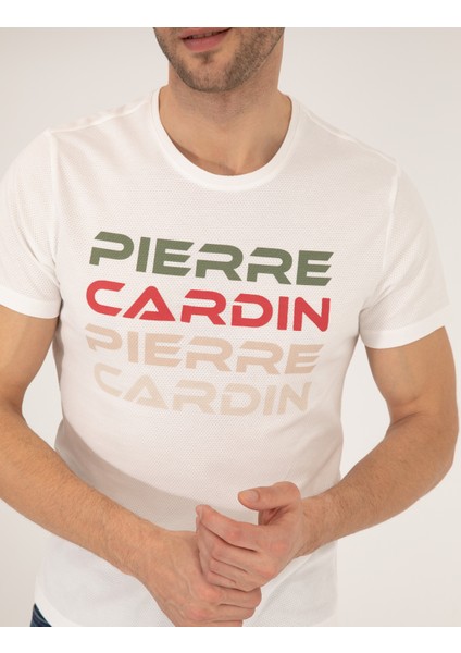 Erkek Beyaz Slim Fit Pierre Cardin Baskılı Bisiklet Yaka Tişört 50269472-VR013