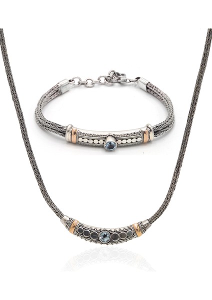 Akuamarin Taşlı 925 Ayar Saf Gümüş Hasır Zincir Unisex 2'li Set 201023667