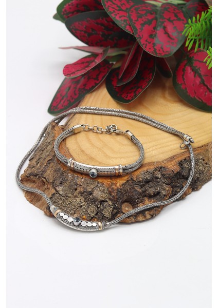 Akuamarin Taşlı 925 Ayar Saf Gümüş Hasır Zincir Unisex 2'li Set 201023667 fiyatları