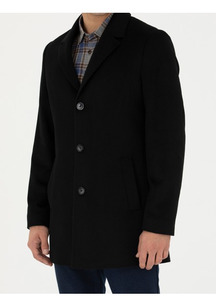 Erkek Siyah Yün Karışımlı Ekstra Slim Fit Kaşe Kaban 50270887-VR046