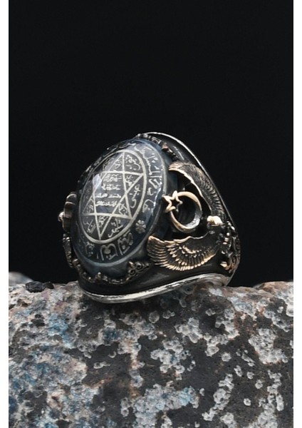 Özel Tasarım 925 Ayar Gümüş Erkek Yüzüğü Sıkma Kehribar Taşlı Hz. Süleyman Mührü ve Ay Yıldızlı ve Kartal Figürlü 901453