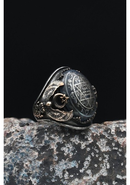 Özel Tasarım 925 Ayar Gümüş Erkek Yüzüğü Sıkma Kehribar Taşlı Hz. Süleyman Mührü ve Ay Yıldızlı ve Kartal Figürlü 901453 fiyatları