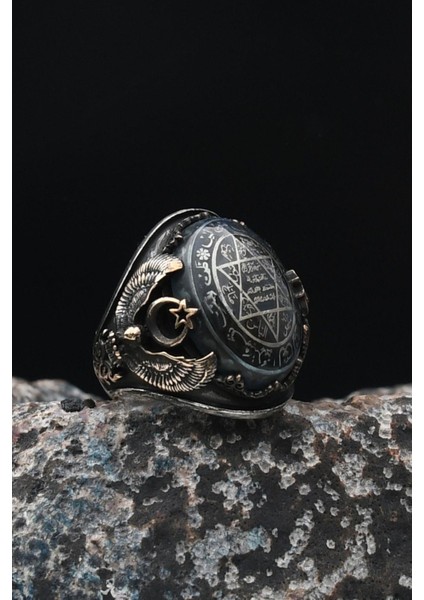 Özel Tasarım 925 Ayar Gümüş Erkek Yüzüğü Sıkma Kehribar Taşlı Hz. Süleyman Mührü ve Ay Yıldızlı ve Kartal Figürlü 901453 modelleri