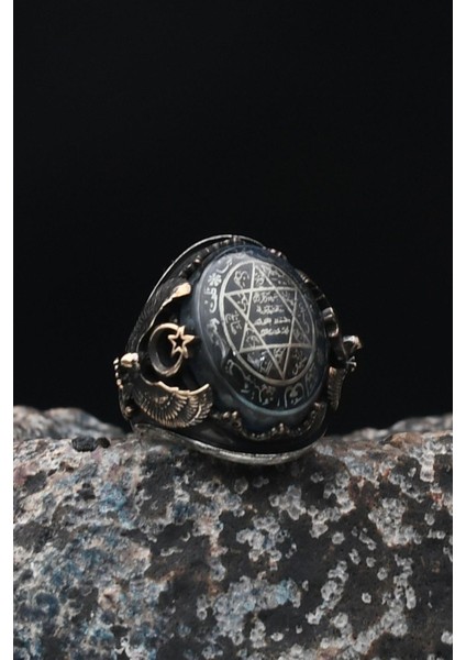 Özel Tasarım 925 Ayar Gümüş Erkek Yüzüğü Sıkma Kehribar Taşlı Hz. Süleyman Mührü ve Ay Yıldızlı ve Kartal Figürlü 901453 fırsatları