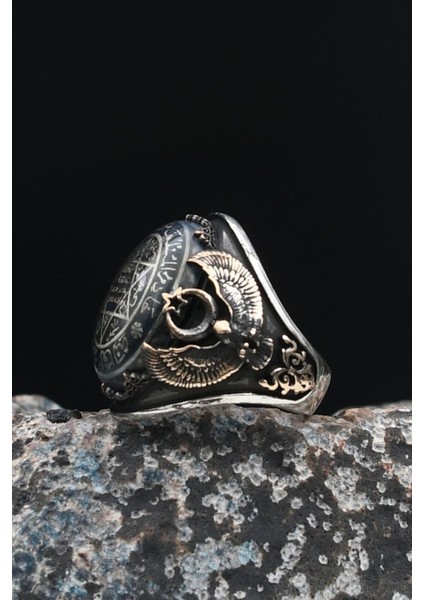 Özel Tasarım 925 Ayar Gümüş Erkek Yüzüğü Sıkma Kehribar Taşlı Hz. Süleyman Mührü ve Ay Yıldızlı ve Kartal Figürlü 901453 indirimleri