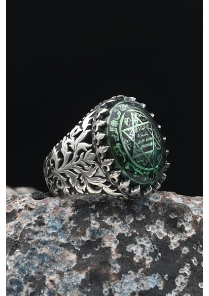 925 Ayar Gümüş Erkek Yüzüğü Sıkma Kehribar Taşlı Hz. Süleyman Mührü 901454