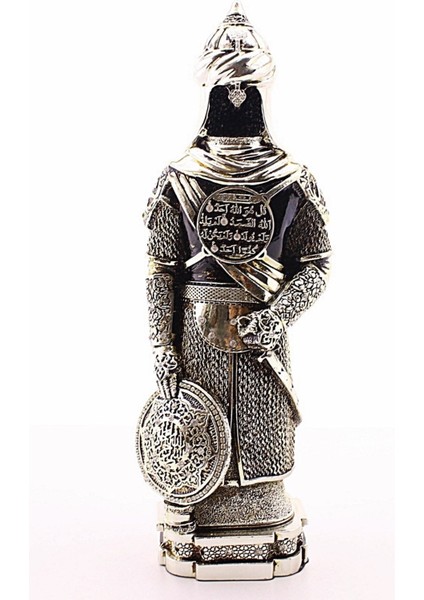 Polyester Üzerine Metal Kaplama Biblo Zırhlı Cevşen Ayetli Asker Gümüş Biblo 3 Boyut Büyük Boy 32 cm