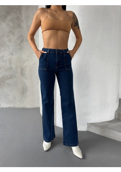 Üstten Cepli Ispanyol Jean Pantalon