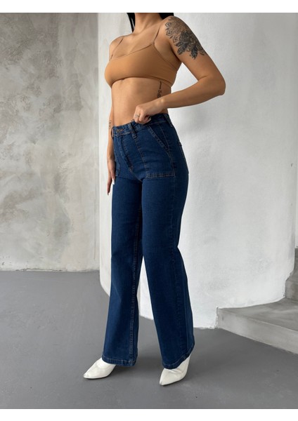 Üstten Cepli Ispanyol Jean Pantalon