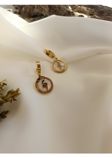 Kadın Gold Renk Sedefli Mineli Yılan Desenli 316 L Çelik Küpe fiyatları