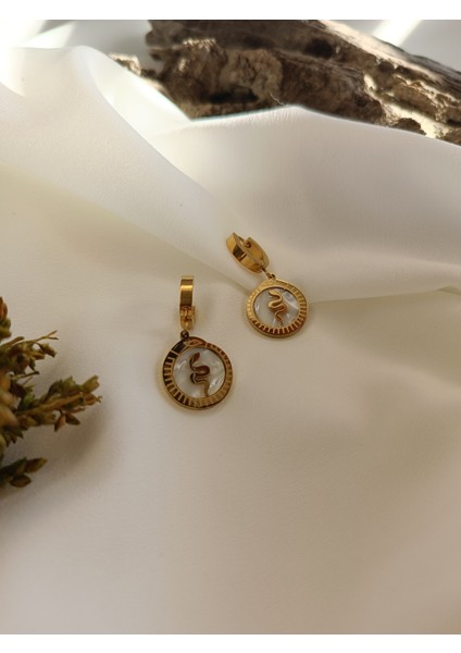 Kadın Gold Renk Sedefli Mineli Yılan Desenli 316 L Çelik Küpe modelleri