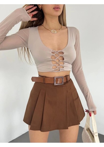 Kadın Kahverengi Piliseli Kemerli Mini Şortlu Etek modelleri
