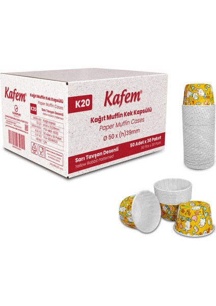 Muffin Kek Kapsülü Sarı Tavşan Desenli 50'li x 30 Paket (Koli)