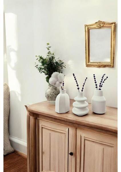 Beyaz Dekoratif Vazo Seti Obje Ev Dekorasyon Masa Üstü Dekor Vazo Seti Model 1011