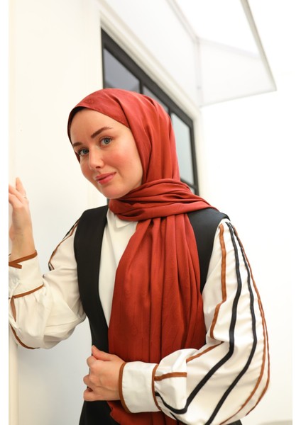 Kaşık Desen Jakarlı Deluxe Şal - Kiremit fiyatları